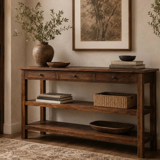 Rustic Reclaimed Weathered Wood Console Table With Drawers