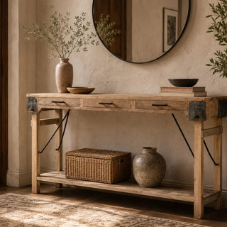 Vintage Reclaimed Wood Console Table With Drawers and Shelf